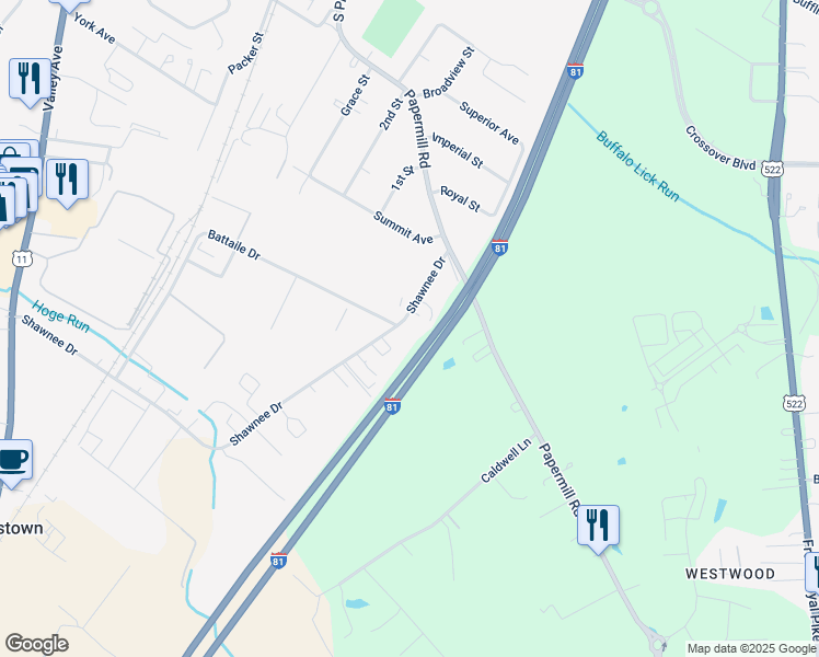 map of restaurants, bars, coffee shops, grocery stores, and more near 2958 Shawnee Drive in Winchester