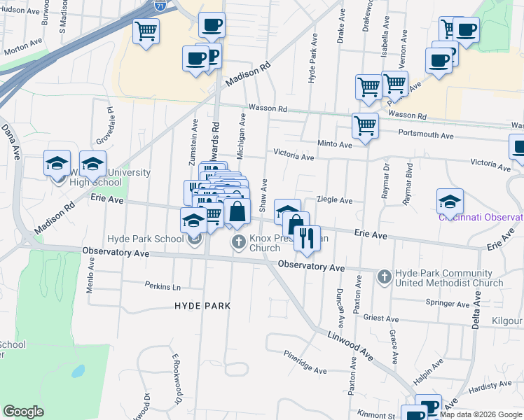 map of restaurants, bars, coffee shops, grocery stores, and more near 2812 Erie Avenue in Cincinnati