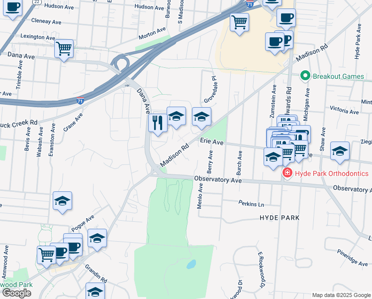 map of restaurants, bars, coffee shops, grocery stores, and more near 2475 Madison Road in Cincinnati