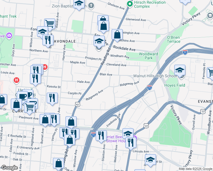 map of restaurants, bars, coffee shops, grocery stores, and more near 768 Ridgeway Avenue in Cincinnati