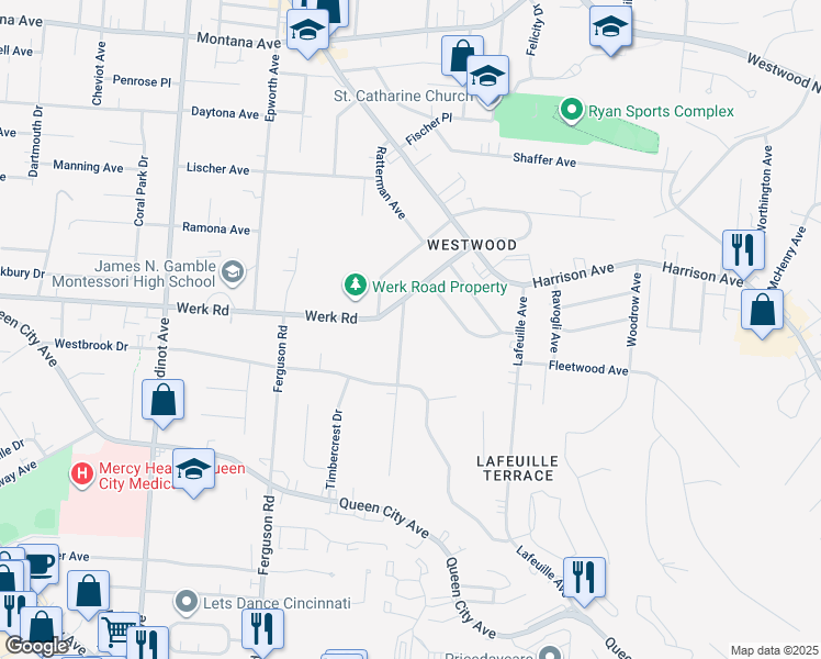 map of restaurants, bars, coffee shops, grocery stores, and more near 2946 Dunaway Avenue in Cincinnati