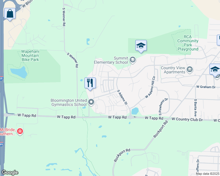 map of restaurants, bars, coffee shops, grocery stores, and more near 1752 West Sunstone Drive in Bloomington