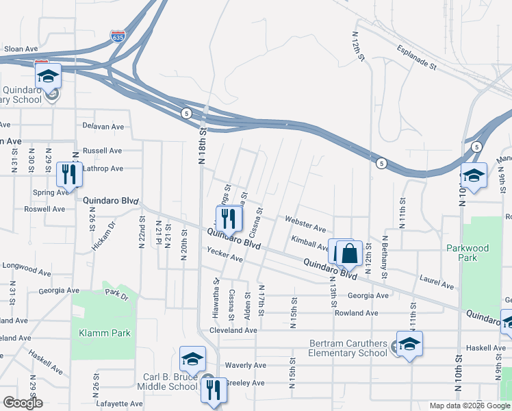 map of restaurants, bars, coffee shops, grocery stores, and more near 2939 Hiawatha Street in Kansas City