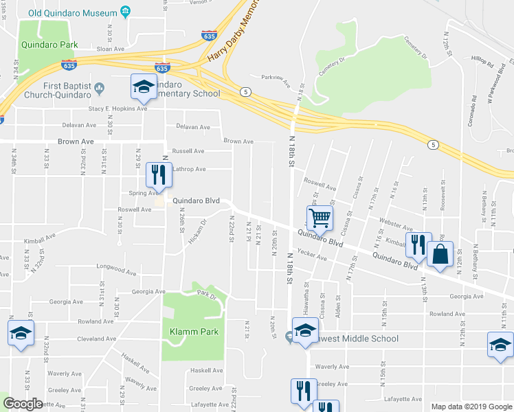 map of restaurants, bars, coffee shops, grocery stores, and more near 2012 Quindaro Boulevard in Kansas City