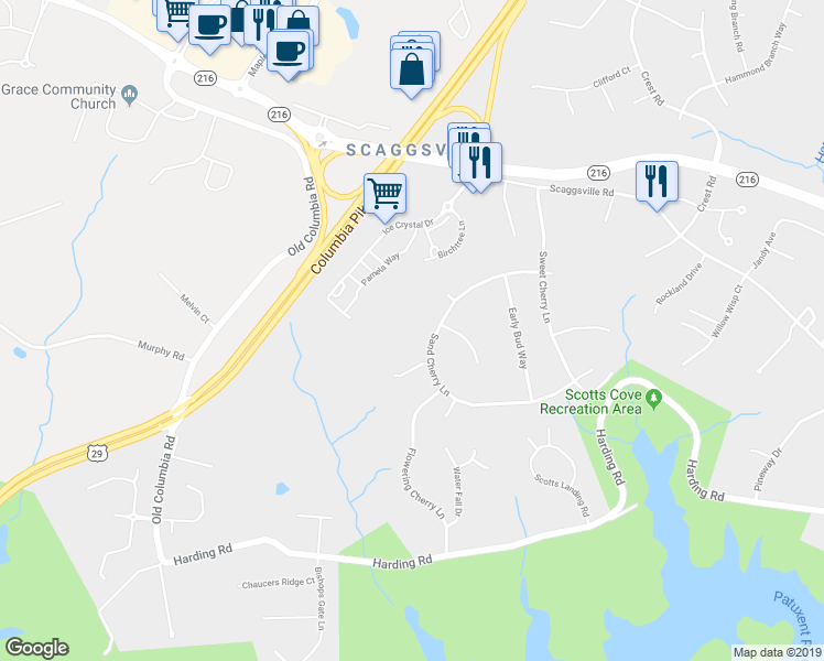 map of restaurants, bars, coffee shops, grocery stores, and more near 8368 Sand Cherry Lane in Laurel