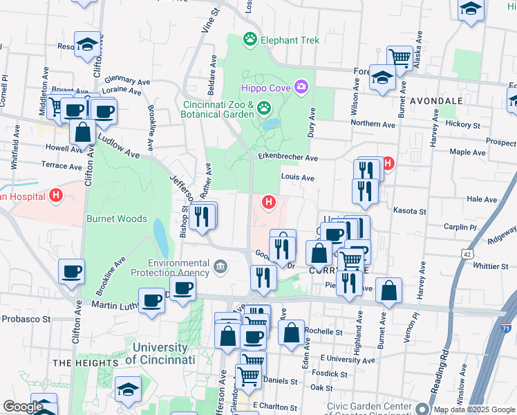 map of restaurants, bars, coffee shops, grocery stores, and more near 3200 Vine Street in Cincinnati