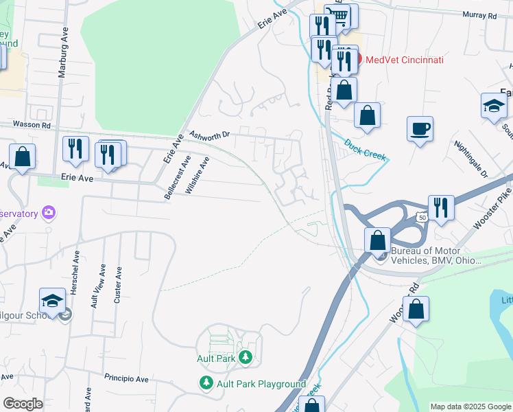 map of restaurants, bars, coffee shops, grocery stores, and more near 3825 Ault Park Avenue in Cincinnati