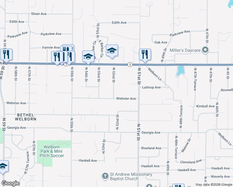 map of restaurants, bars, coffee shops, grocery stores, and more near 2911 North 52nd Street in Kansas City