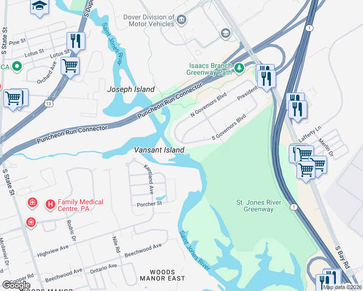 map of restaurants, bars, coffee shops, grocery stores, and more near 254 South Governors Boulevard in Dover