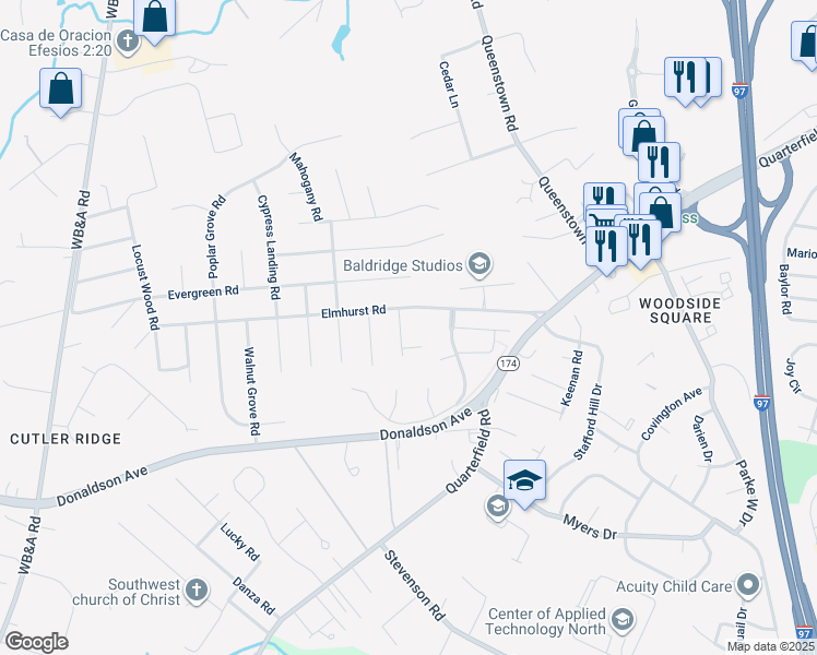 map of restaurants, bars, coffee shops, grocery stores, and more near 7851 Spruce Hill Road in Severn