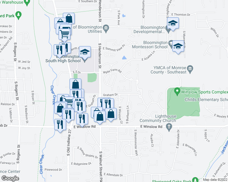map of restaurants, bars, coffee shops, grocery stores, and more near Graham Dr in Bloomington