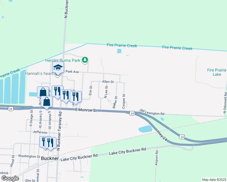 map of restaurants, bars, coffee shops, grocery stores, and more near 108 Baker Street in Buckner