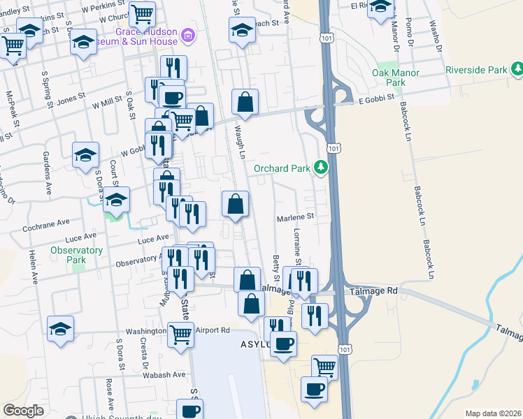 map of restaurants, bars, coffee shops, grocery stores, and more near 880 Waugh Lane in Ukiah