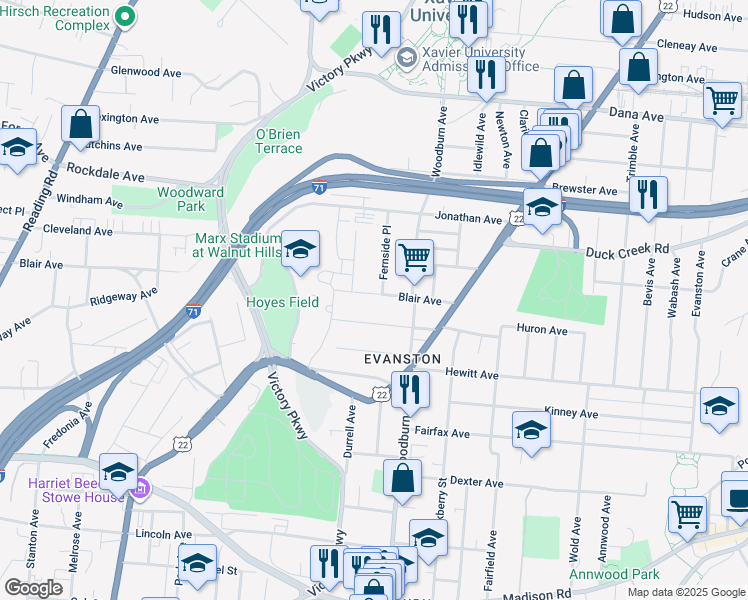 map of restaurants, bars, coffee shops, grocery stores, and more near 1544 Ruth Avenue in Cincinnati