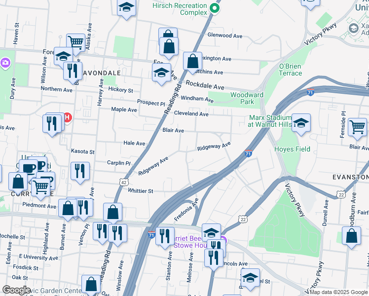 map of restaurants, bars, coffee shops, grocery stores, and more near 809 Ridgeway Avenue in Cincinnati