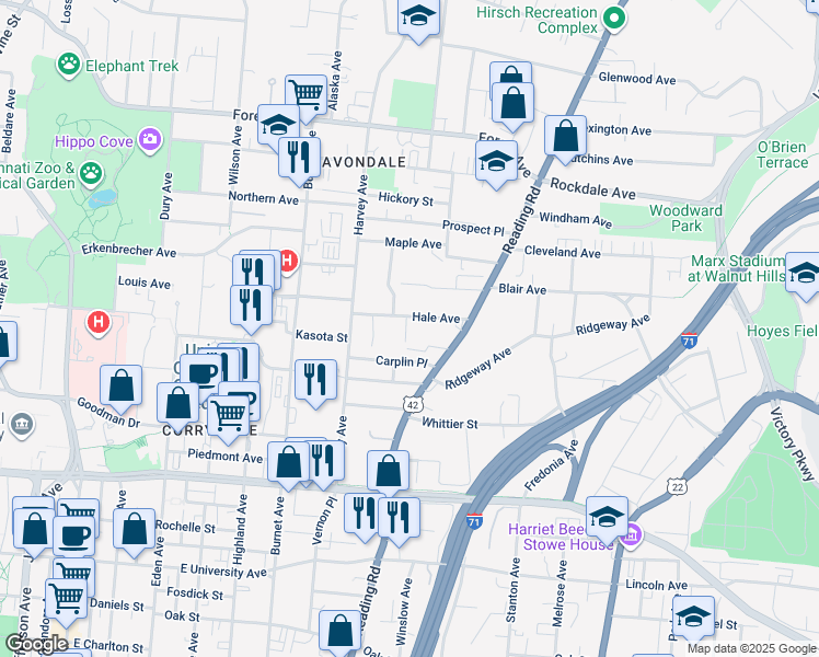 map of restaurants, bars, coffee shops, grocery stores, and more near 537 Hale Avenue in Cincinnati