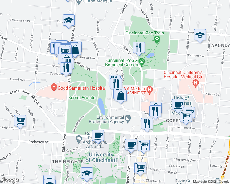 map of restaurants, bars, coffee shops, grocery stores, and more near 3239 Jefferson Avenue in Cincinnati