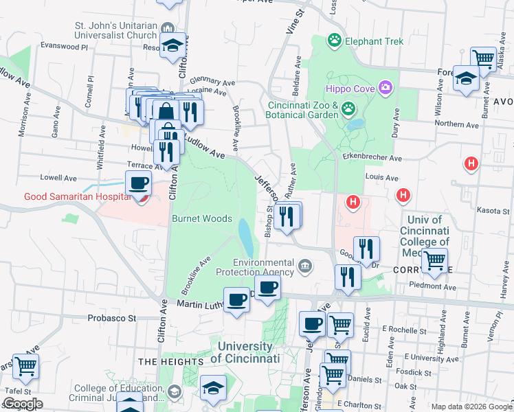 map of restaurants, bars, coffee shops, grocery stores, and more near 3239 Bishop Street in Cincinnati