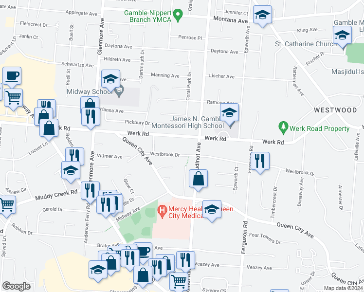 map of restaurants, bars, coffee shops, grocery stores, and more near 3130 Westbrook Drive in Cincinnati