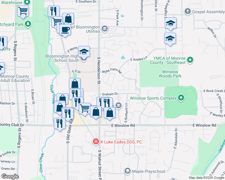 map of restaurants, bars, coffee shops, grocery stores, and more near Graham Dr in Bloomington