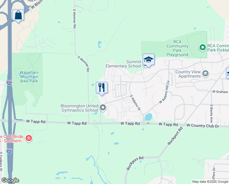 map of restaurants, bars, coffee shops, grocery stores, and more near 1808 West Sunstone Drive in Bloomington