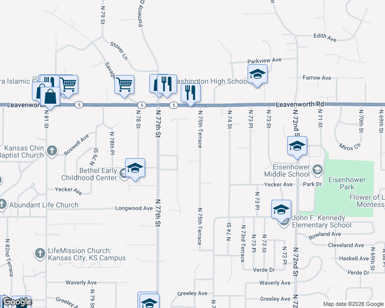 map of restaurants, bars, coffee shops, grocery stores, and more near 2901 North 75th Terrace in Kansas City