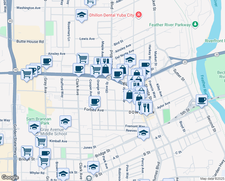map of restaurants, bars, coffee shops, grocery stores, and more near 566 Rosalind Avenue in Yuba City