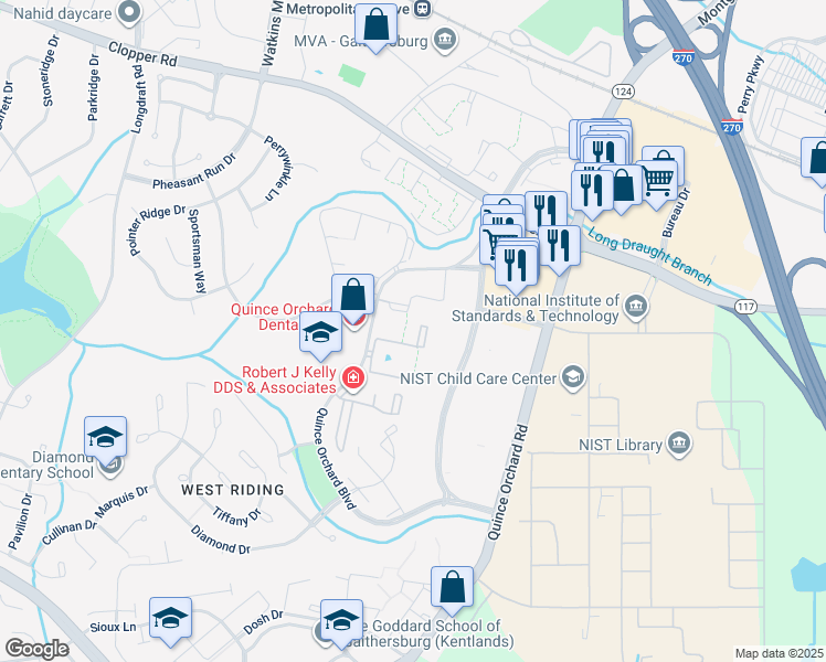 map of restaurants, bars, coffee shops, grocery stores, and more near 762 Quince Orchard Boulevard in Gaithersburg