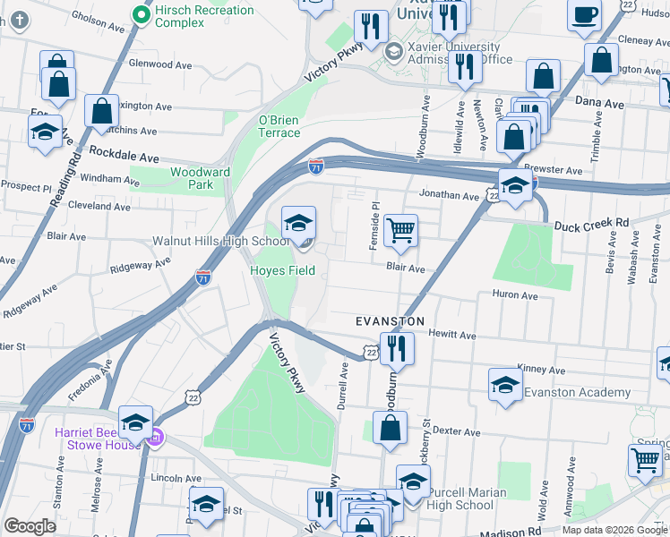 map of restaurants, bars, coffee shops, grocery stores, and more near 1516 Ruth Avenue in Cincinnati