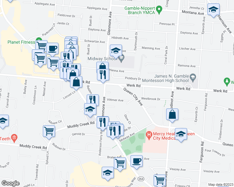 map of restaurants, bars, coffee shops, grocery stores, and more near 3357 Queen City Avenue in Cincinnati