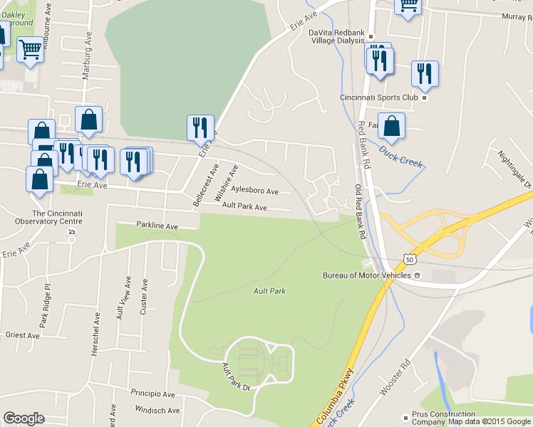 map of restaurants, bars, coffee shops, grocery stores, and more near 3781 Ault Park Avenue in Cincinnati
