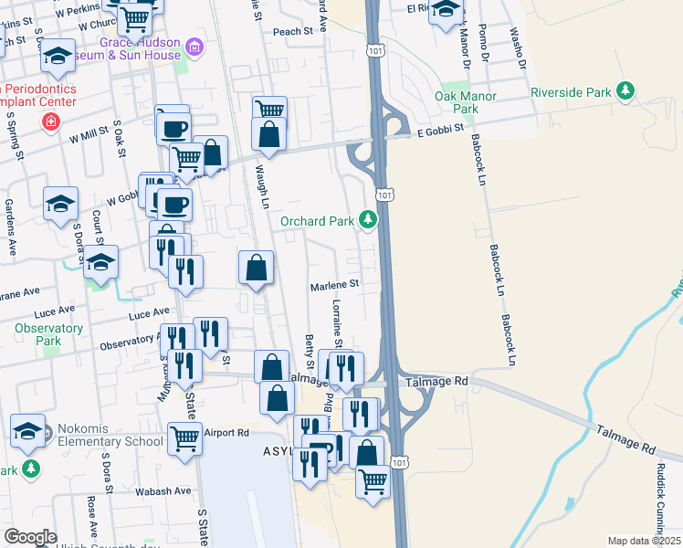 map of restaurants, bars, coffee shops, grocery stores, and more near 42 Lorraine Street in Ukiah