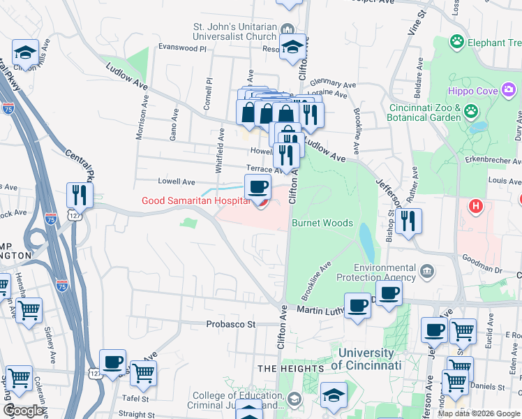 map of restaurants, bars, coffee shops, grocery stores, and more near 375 Dixmyth Avenue in Cincinnati