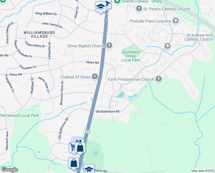 map of restaurants, bars, coffee shops, grocery stores, and more near 10 Megans Court in Olney