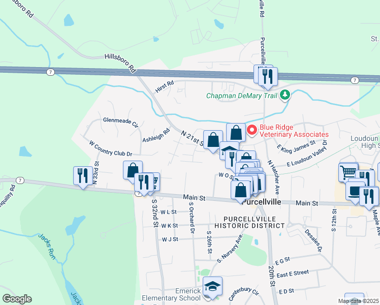 map of restaurants, bars, coffee shops, grocery stores, and more near 302 Addivon Terrace in Purcellville