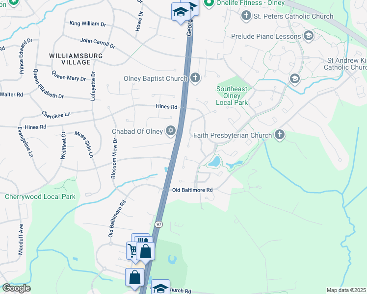 map of restaurants, bars, coffee shops, grocery stores, and more near 13 Megans Court in Olney