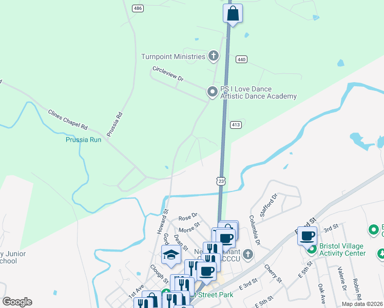 map of restaurants, bars, coffee shops, grocery stores, and more near 860 Howard Road in Waverly