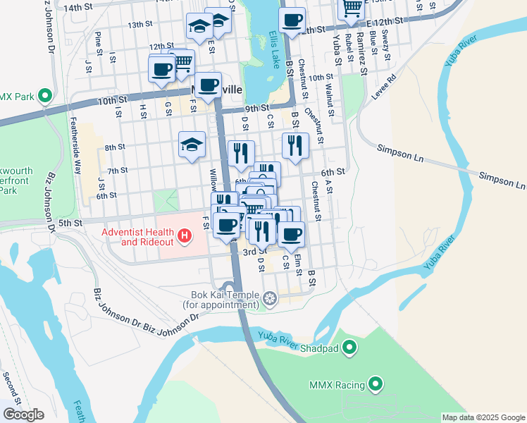 map of restaurants, bars, coffee shops, grocery stores, and more near 401 D Street in Marysville