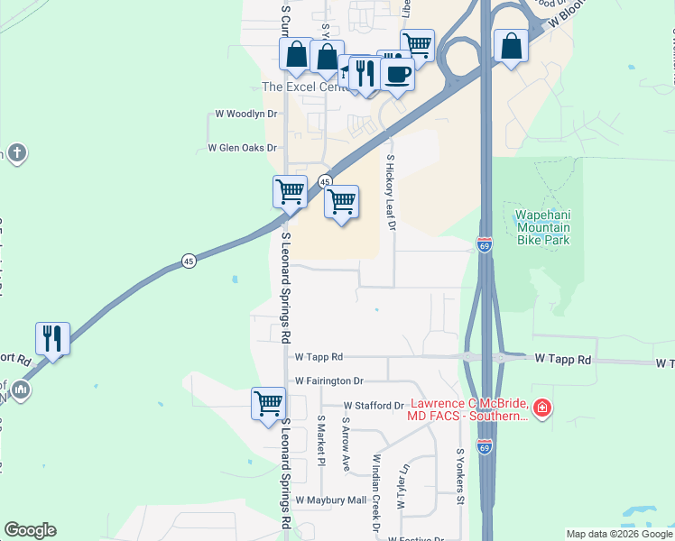 map of restaurants, bars, coffee shops, grocery stores, and more near 3977 W Walnut Leaf Dr in Bloomington