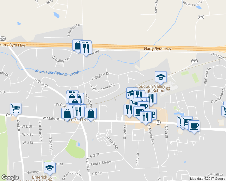 map of restaurants, bars, coffee shops, grocery stores, and more near in Purcellville