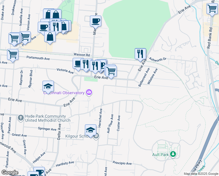 map of restaurants, bars, coffee shops, grocery stores, and more near 3540 Herschel View Street in Cincinnati