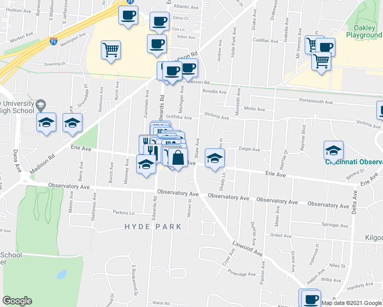 map of restaurants, bars, coffee shops, grocery stores, and more near 2752 Erie Avenue in Cincinnati