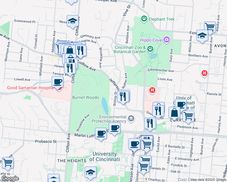 map of restaurants, bars, coffee shops, grocery stores, and more near 3239 Jefferson Avenue in Cincinnati