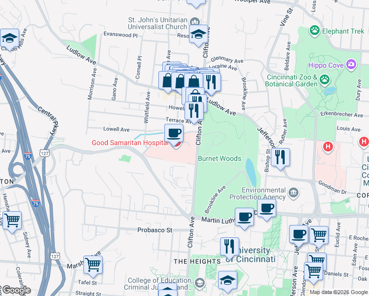 map of restaurants, bars, coffee shops, grocery stores, and more near in Cincinnati