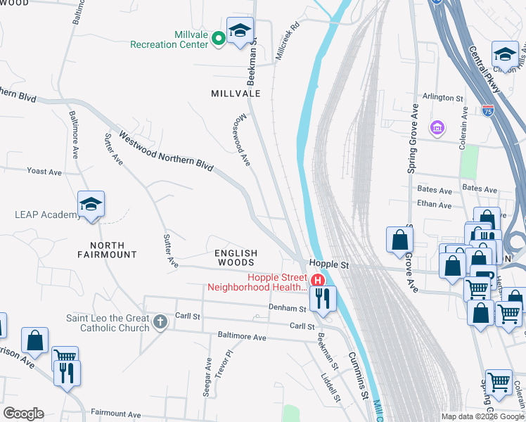 map of restaurants, bars, coffee shops, grocery stores, and more near 3037 Moosewood Avenue in Cincinnati