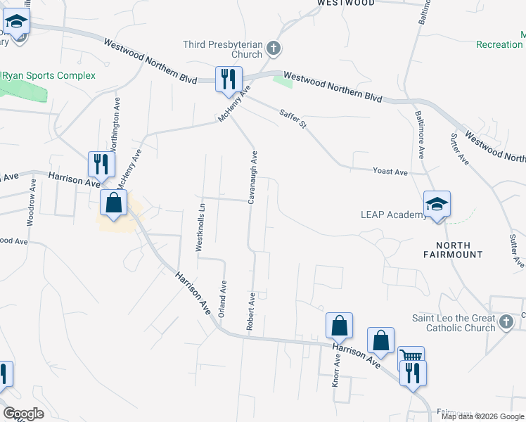 map of restaurants, bars, coffee shops, grocery stores, and more near 3002 Costello Avenue in Cincinnati