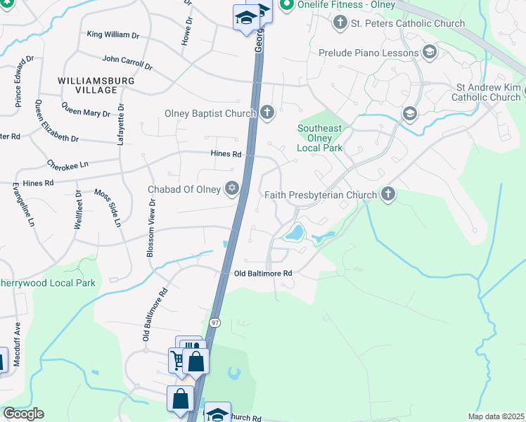 map of restaurants, bars, coffee shops, grocery stores, and more near 10 Megans Court in Olney