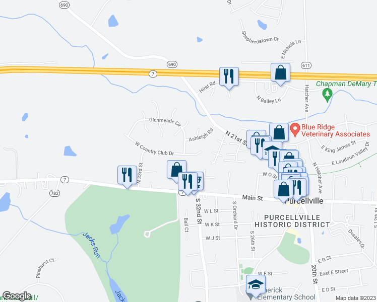 map of restaurants, bars, coffee shops, grocery stores, and more near 641 West Country Club Drive in Purcellville