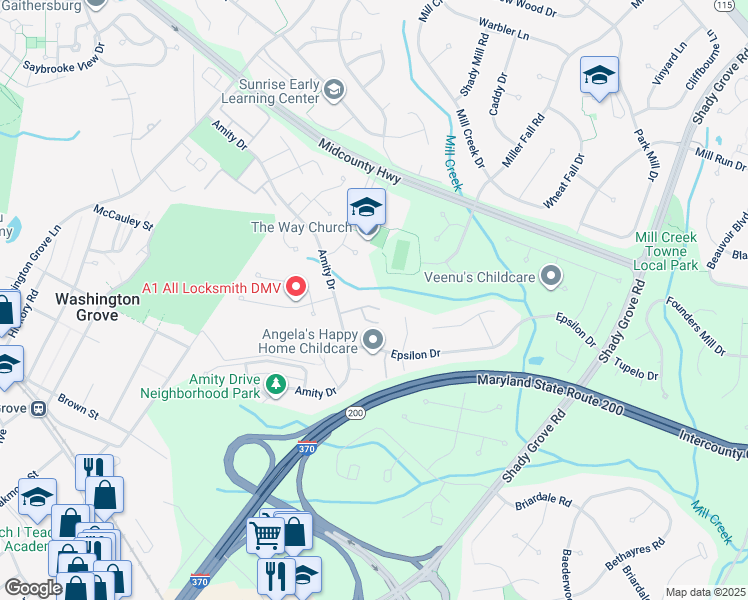 map of restaurants, bars, coffee shops, grocery stores, and more near 7925 Capricorn Terrace in Rockville