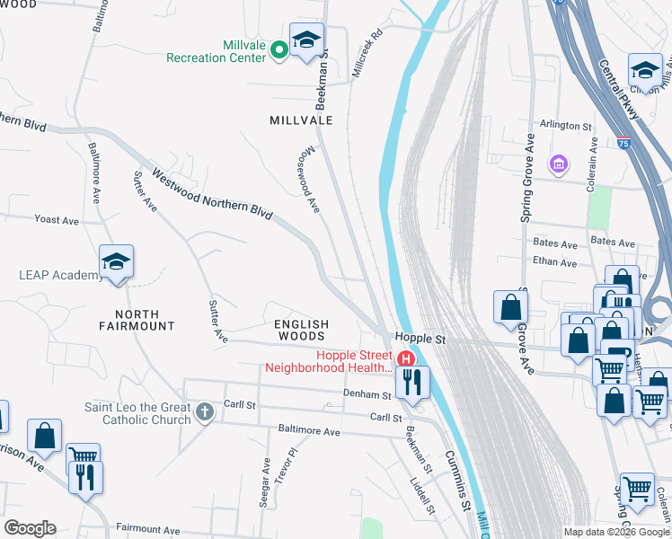 map of restaurants, bars, coffee shops, grocery stores, and more near 3037 Moosewood Avenue in Cincinnati